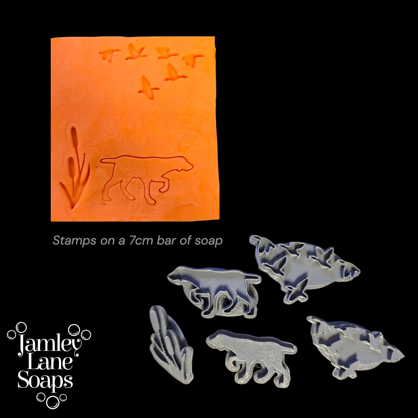 Duck Hunt Stamps 5 Piece Set Hunting Dog, Flying Ducks, Cattails