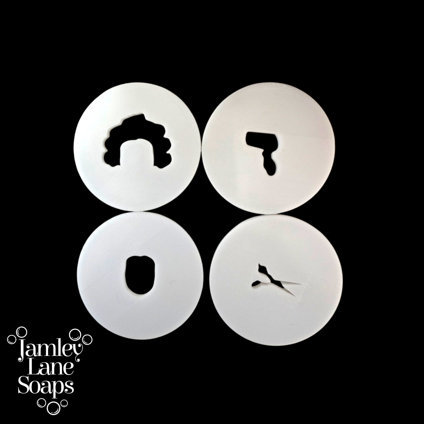 Hairdresser Stamps: Rollers, Scissors, Hairdryer, 3 Piece Soap Stamp Set and 4 Disc Set