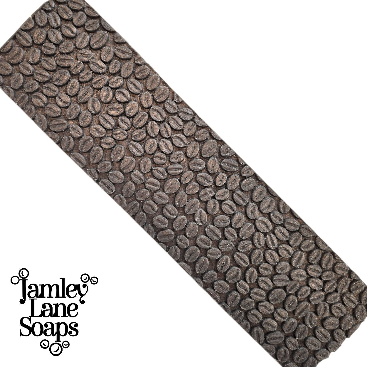 a full length soap loaf top only which shows the pattern created by the coffee bean impression mat