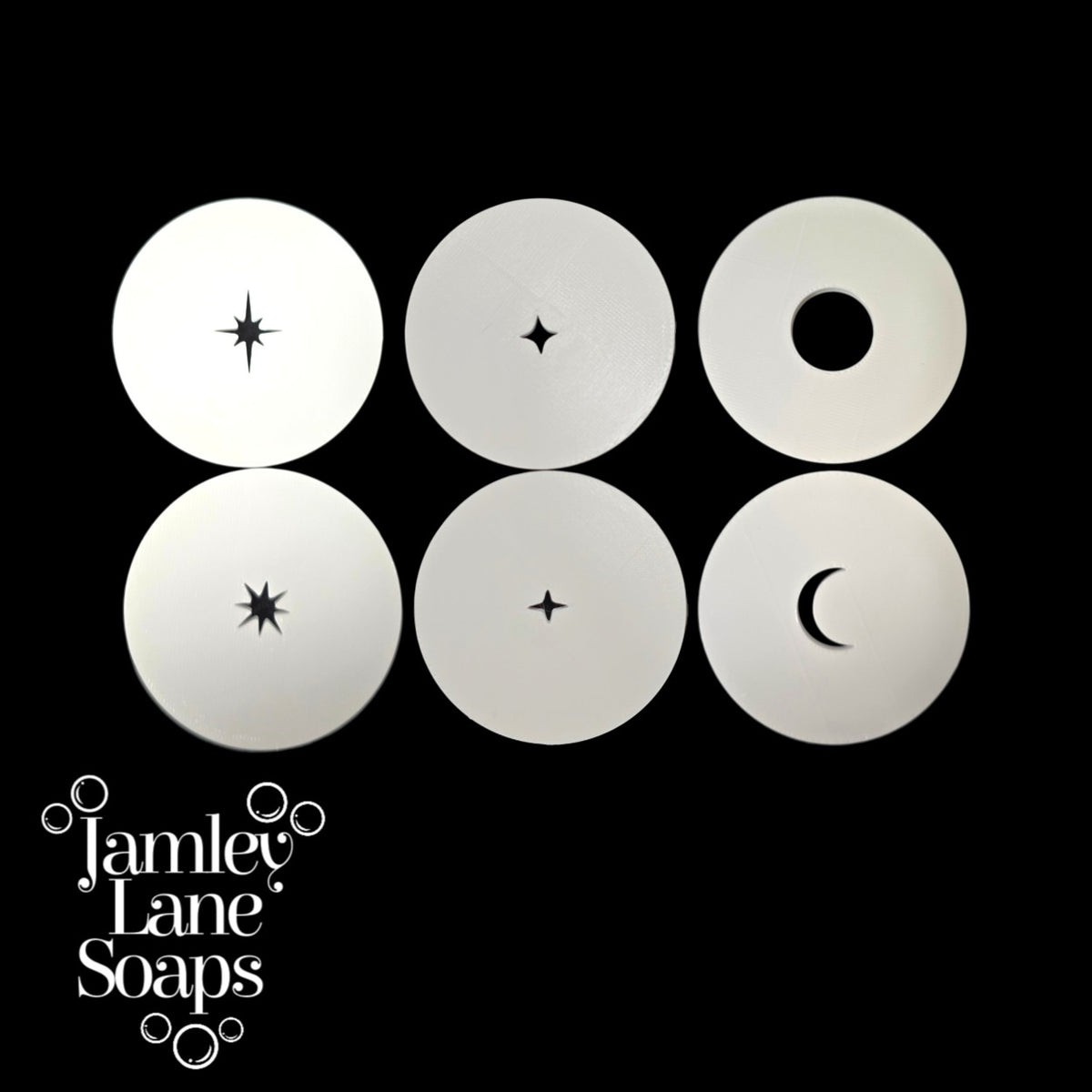 Six white extruder discs with different moon and star cutouts, arranged in two rows on a black background, with the Jamley Lane Soaps logo in the bottom-left corner.