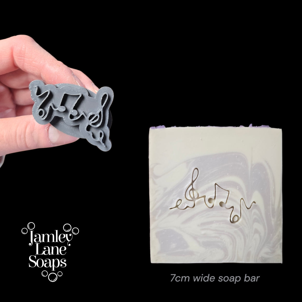 Soap stamp featuring music notes with 'Jamey Lane Soaps' branding and a soap bar with decorative elements.