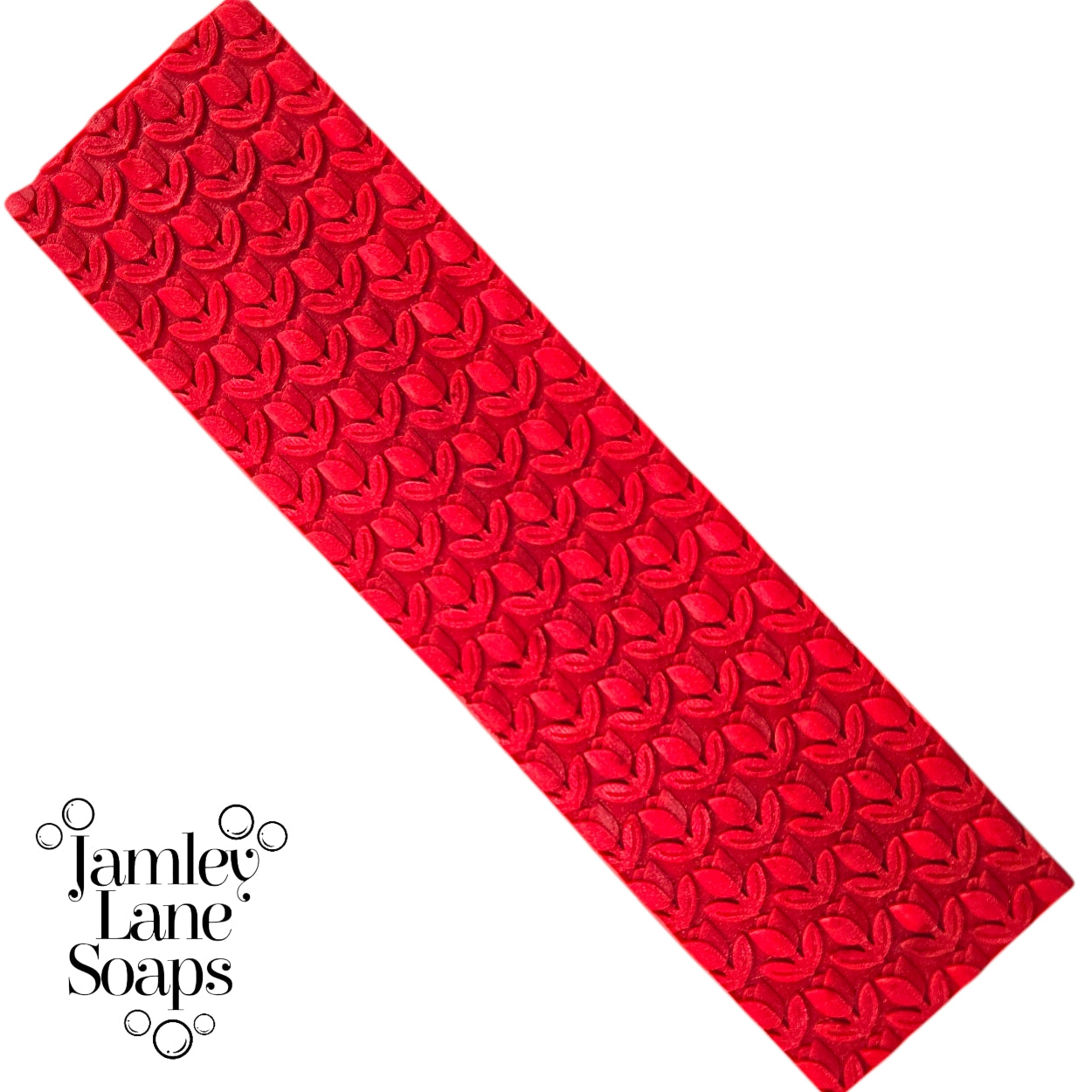 Red textured tulip top soap with 'Jamley Lane Soaps' branding on a white background