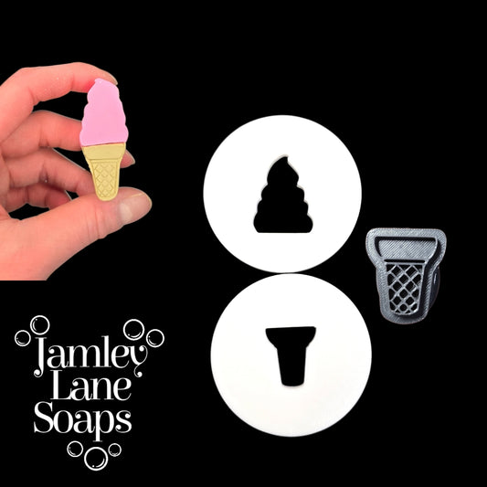 Hand holding a pink ice cream cone soap,  next tot he white extruder discs and stamp that made it with Jamley Lane Soaps branding on a black background.