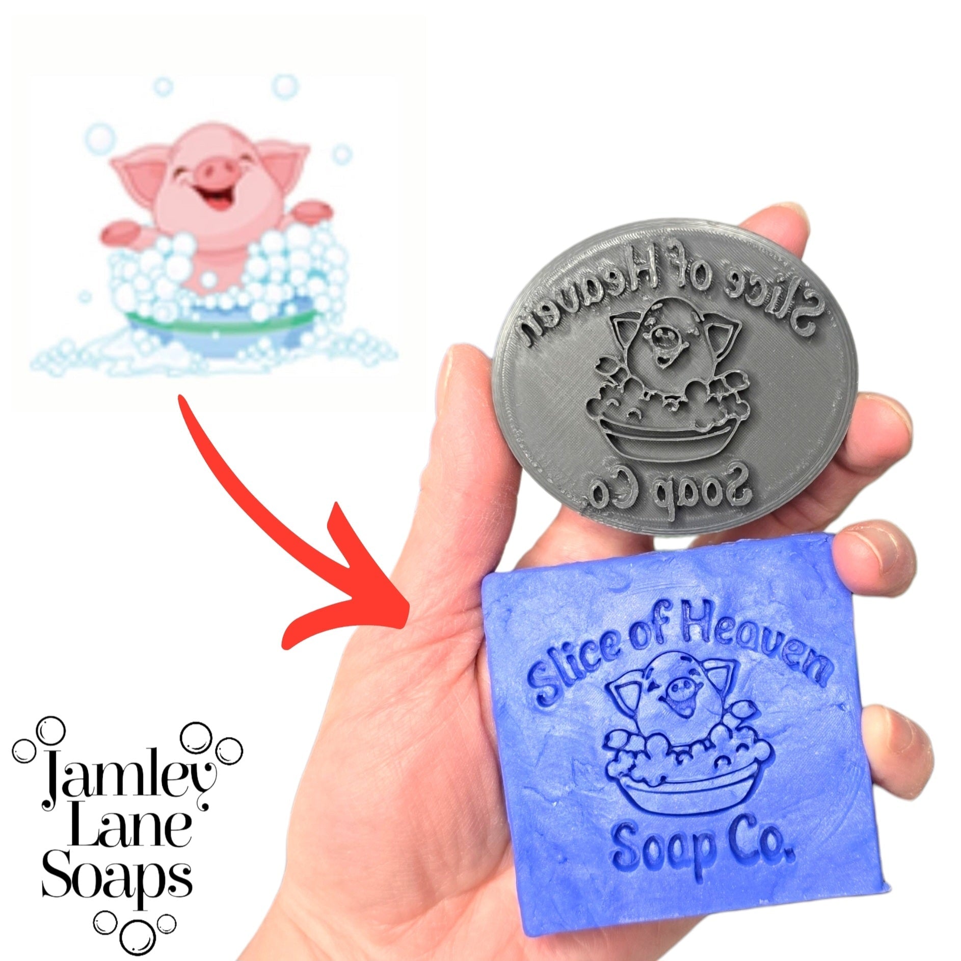 Hand holding a gray stamp with 'Slice of Heaven Soap Co.' branding, next to a blue bar of soap, on a white background. Showing example of a Tier 2.5 Option