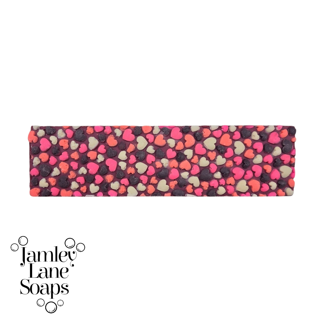 Colorful heart-patterned soap bar with 'Jamley Lane Soaps' branding on a white background