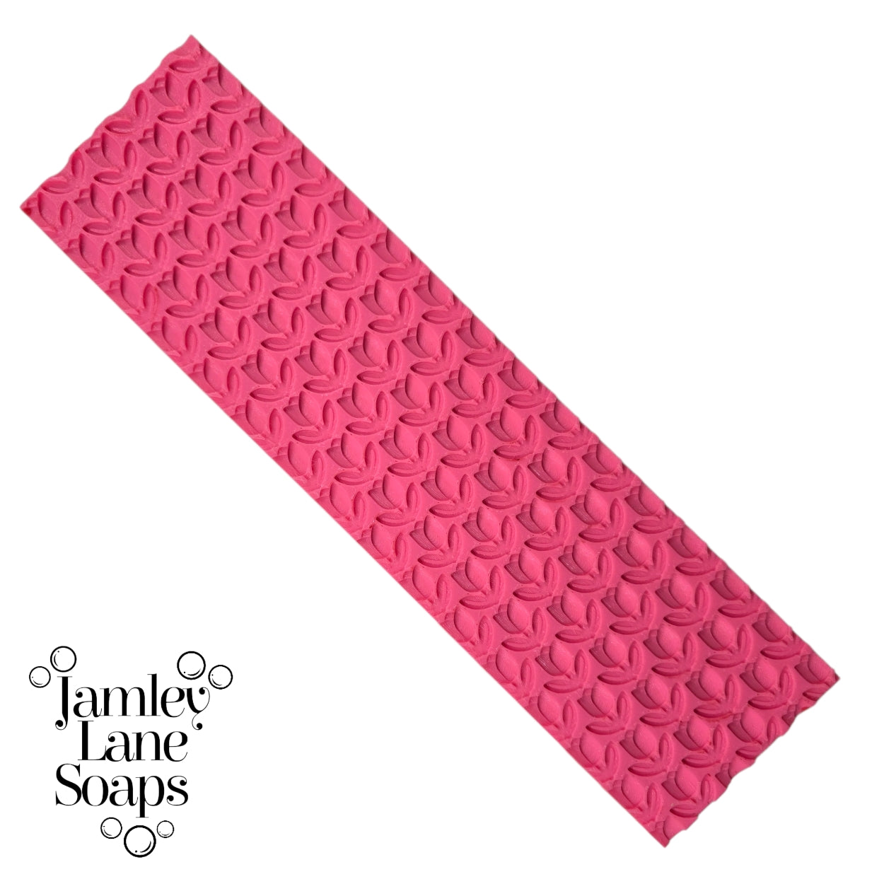 Pink tulip textured soap mat with 'Jamley Lane Soaps' branding on a white background