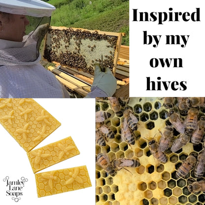 Person inspecting honeycomb, honeycomb slices, and bees on honeycomb with 'Inspired by my own hives' text.