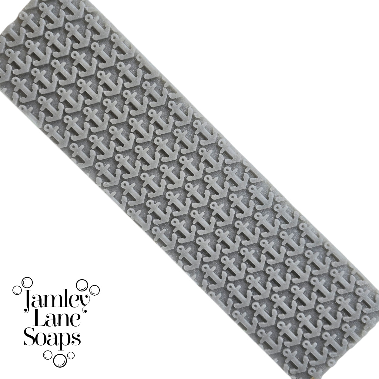 Gray soap with anchor pattern and 'Jamley Lane Soaps' branding on a white background