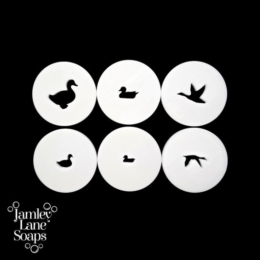 Set of six duck-shaped holes in white circle discs with 'Jamley Lane Soaps' logo below.