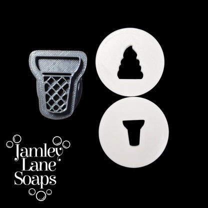 two white extruder discs that are a cone and a soft ice cream next to a grey stamp with the waffle cone texture all on a black background, featuring the brand 'Jamley Lane Soaps'.