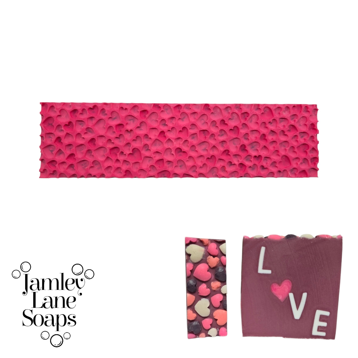Pink textured impression mat and 2 soap bars cut for sizing. Showcasing the heart pattern and 'LOVE' text, branded as Jamley Lane Soaps.